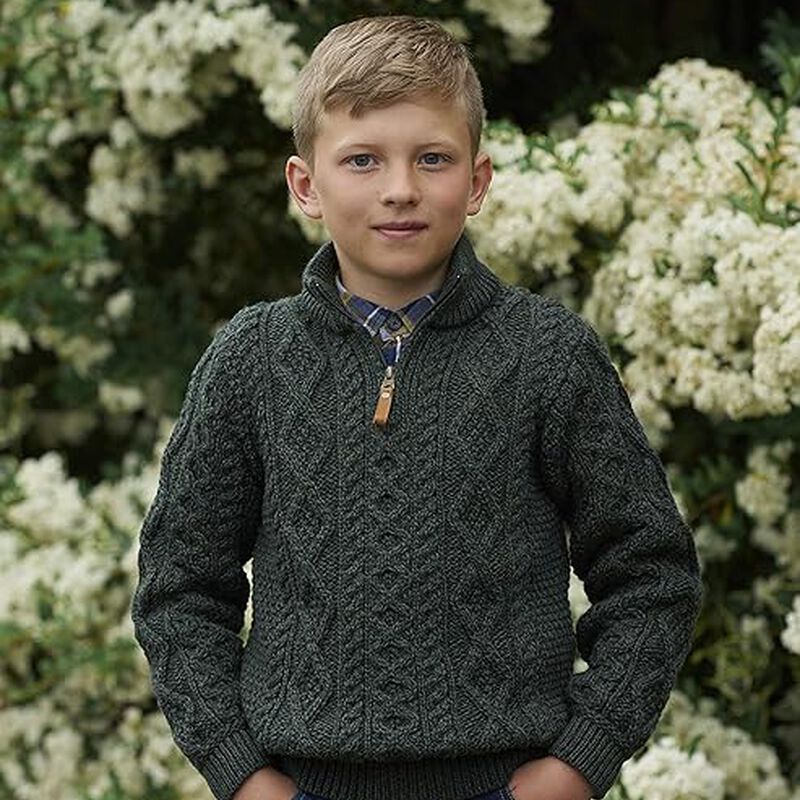 Kid's Zip Neck Aran 100% Merino Wool Sweater